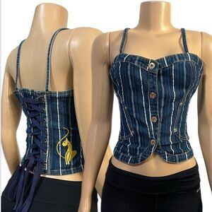 Baby Phat lace up back Embroidered cat front buttons striped denim corset top M
